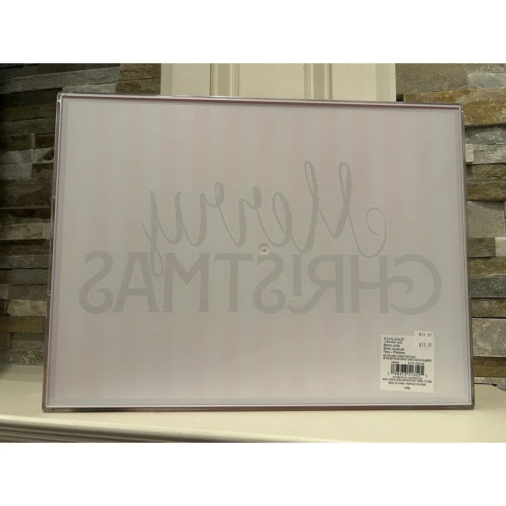 Ashland Berry Jolly Christmas Tray Pink Red White Plastic Glossy 16x11x1.5”